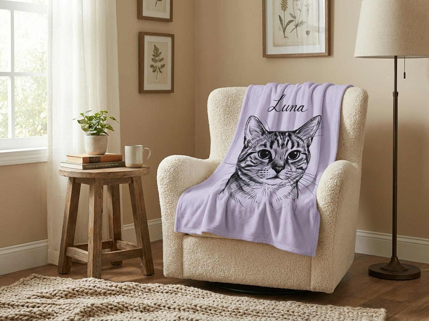 A lavender blanket with a cat ink portrait on an armchair