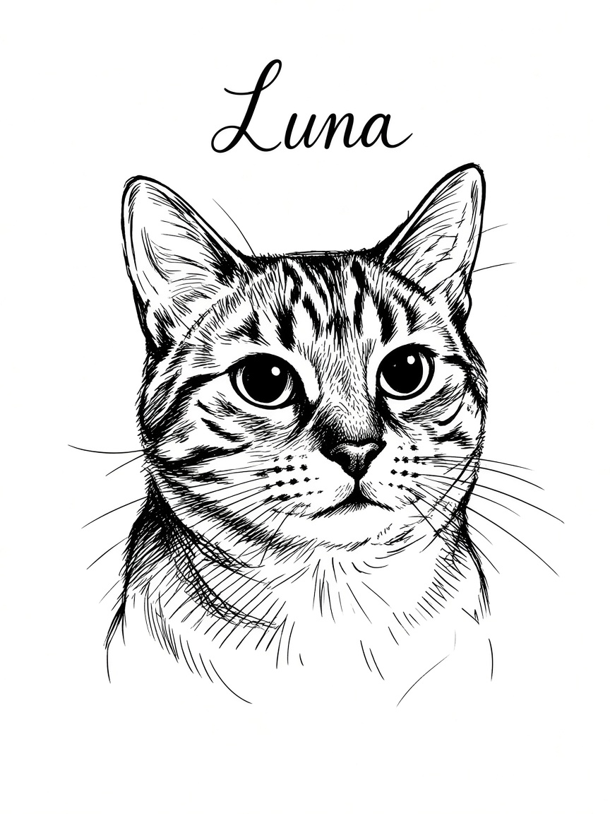 Ink portrait of a tabby cat named Luna
